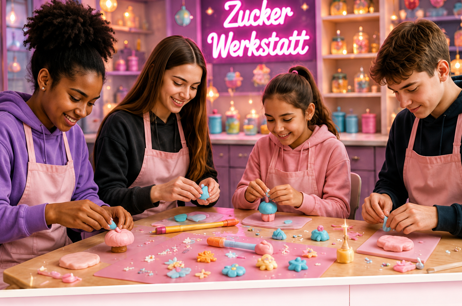 Glückliche Gruppe von Kindern bei einer Cupcake-Party in der Zuckerwerkstatt Hamburg